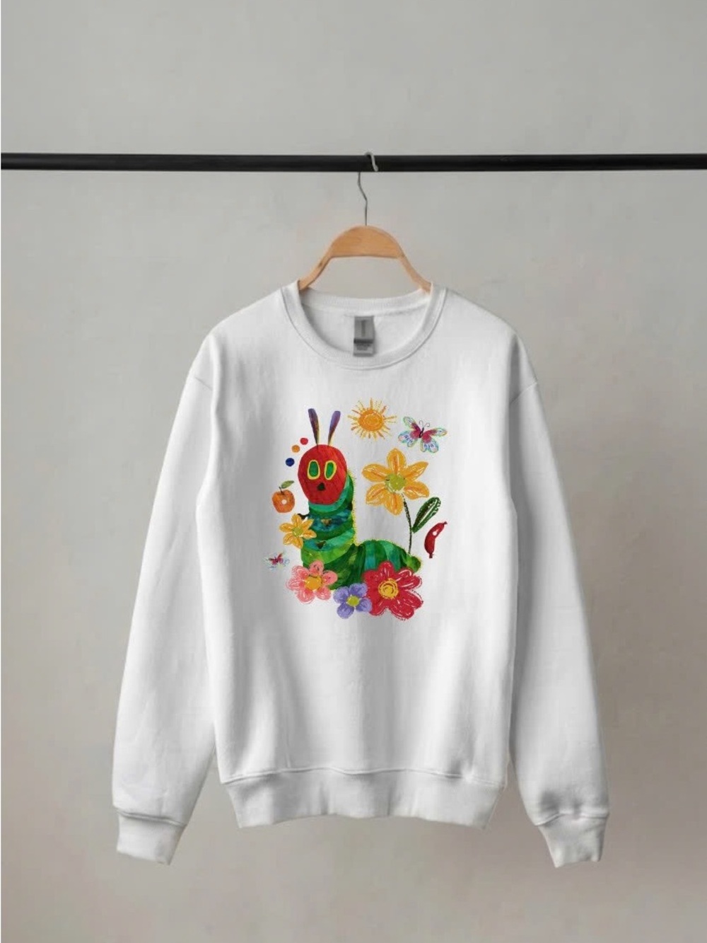 Gildan White Crewneck Sweatshirt with Colorful Caterpillar Graphic